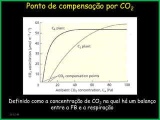 Ponto de compensação por CO2

Definido como a concentração de CO2 na qual há um balanço
entre a FB e a respiração
19:52:46

 