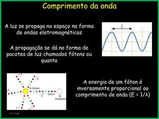 Comprimento da onda
A luz se propaga no espaço na forma
de ondas eletromagnéticas
A propagação se dá na forma de
pacotes de luz chamados fótons ou
quanta

A energia de um fóton é
inversamente proporcional ao
comprimento de onda (E = 1/λ)

19:52:46

 