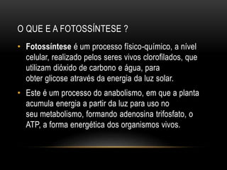 O QUE E A FOTOSSÍNTESE ?
• Fotossíntese é um processo físico-químico, a nível
celular, realizado pelos seres vivos clorofilados, que
utilizam dióxido de carbono e água, para
obter glicose através da energia da luz solar.
• Este é um processo do anabolismo, em que a planta
acumula energia a partir da luz para uso no
seu metabolismo, formando adenosina trifosfato, o
ATP, a forma energética dos organismos vivos.
 