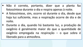 ▪ Não é correto, portanto, dizer que a planta faz
fotossíntese durante o dia e respira apenas à noite.
▪ A fotossíntese, sim, ocorre só durante o dia, desde que
haja luz suficiente, mas a respiração ocorre de dia e de
noite.
▪ Durante o dia, quando há bastante luz, a produção de
oxigênio é geralmente maior do que a quantidade de
oxigênio empregada na respiração ‒ o que sobra é
liberado para a atmosfera.
 