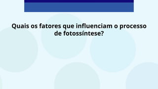 Quais os fatores que influenciam o processo
de fotossíntese?
 