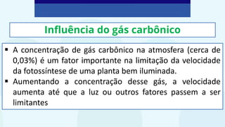 Influência do gás carbônico
▪ A concentração de gás carbônico na atmosfera (cerca de
0,03%) é um fator importante na limitação da velocidade
da fotossíntese de uma planta bem iluminada.
▪ Aumentando a concentração desse gás, a velocidade
aumenta até que a luz ou outros fatores passem a ser
limitantes
 