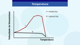 Temperatura
Temperatura
Velocidade
da
fotossíntese
I
II
I = muita luz
II = pouca luz
 