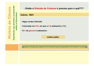 História
da
Ciência
Experiências
que
permitem
compreender
melhor
a
fotossíntese
Calvin, 1941
- Algas verdes Chlorella
- Colocadas em CO2, em que o C é radioactivo (14
C2)
- O C da glicose é radioactivo.
CONCLUSÃO:
O carbono do CO2 é necessário para formar os compostos orgânicos
- Então o Dióxido de Carbono é preciso para o quê???
 