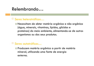 Relembrando…
 Seres heterotróficos…
 Necessitam de obter matéria orgânica e não orgânica
(água, minerais, vitaminas, lípidos, glícidos e
proteínas) do meio ambiente, alimentando-se de outros
organismos ou dos seus produtos.
 Seres autotróficos…
 Produzem matéria orgânica a partir de matéria
mineral, utilizando uma fonte de energia
externa.
 
