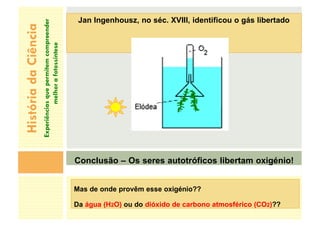 História
da
Ciência
Experiências
que
permitem
compreender
melhor
a
fotossíntese
Jan Ingenhousz, no séc. XVIII, identificou o gás libertado
Conclusão – Os seres autotróficos libertam oxigénio!
Mas de onde provêm esse oxigénio??
Da água (H2O) ou do dióxido de carbono atmosférico (CO2)??
 