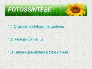 FOTOSSÍNTESE
1.1 Organismos fotossintetizadores
1.2 Relação com a luz
1.3 Fatores que afetam a fotossíntese
 
