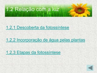 1.2 Relação com a luz
1.2.1 Descoberta da fotossíntese
1.2.2 Incorporação de água pelas plantas
1.2.3 Etapas da fotossíntese
 