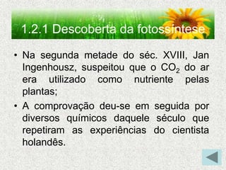 1.2.1 Descoberta da fotossíntese
• Na segunda metade do séc. XVIII, Jan
Ingenhousz, suspeitou que o CO2 do ar
era utilizado como nutriente pelas
plantas;
• A comprovação deu-se em seguida por
diversos químicos daquele século que
repetiram as experiências do cientista
holandês.
 
