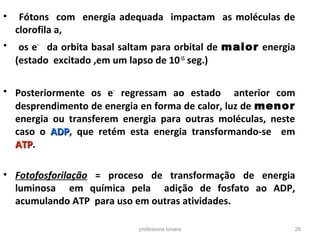 • Fótons com energia adequada impactam as moléculas de 
clorofila a, 
• os e- da orbita basal saltam para orbital de maior energia 
(estado excitado ,em um lapso de 10-15 seg.) 
• Posteriormente os e- regressam ao estado anterior com 
desprendimento de energia en forma de calor, luz de menor 
energia ou transferem energia para outras moléculas, neste 
caso o AADDPP, que retém esta energia transformando-se em 
AATTPP. 
• Fotofosforilação = proceso de transformação de energia 
luminosa em química pela adição de fosfato ao ADP, 
acumulando ATP para uso em outras atividades. 
professora Ionara 28 
 