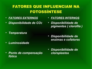 FATORES QUE INFLUENCIAM NA
FOTOSSÍNTESE

FATORES EXTERNOS

Disponibilidade de CO2

Temperatura

Luminosidade

Ponto de compensação
fótico

FATORES INTERNOS

Disponibilidade de
pigmentos ( clorofila )

Disponibilidade de
enzimas e cofatores

Disponibilidade de
cloroplastos
 