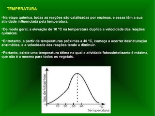 
Na etapa química, todas as reações são catalisadas por enzimas, e essas têm a sua
atividade influenciada pela temperatura.

De modo geral, a elevação de 10 °C na temperatura duplica a velocidade das reações
químicas.

Entretanto, a partir de temperaturas próximas a 40 °C, começa a ocorrer desnaturação
enzimática, e a velocidade das reações tende a diminuir.

Portanto, existe uma temperatura ótima na qual a atividade fotossintetizante é máxima,
que não é a mesma para todos os vegetais.
TEMPERATURA
 