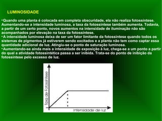 
Quando uma planta é colocada em completa obscuridade, ela não realiza fotossíntese.
Aumentando-se a intensidade luminosa, a taxa da fotossíntese também aumenta. Todavia,
a partir de um certo ponto, novos aumentos na intensidade de iluminação não são
acompanhados por elevação na taxa da fotossíntese.

A intensidade luminosa deixa de ser um fator limitante da fotossíntese quando todos os
sistemas de pigmentos já estiverem sendo excitados e a planta não tem como captar essa
quantidade adicional de luz. Atingiu-se o ponto de saturação luminosa.

Aumentando-se ainda mais a intensidade de exposição à luz, chega-se a um ponto a partir
do qual a atividade fotossintética passa a ser inibida. Trata-se do ponto de inibição da
fotossíntese pelo excesso de luz.
LUMINOSIDADE
 