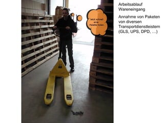 Arbeitsablauf
Wareneingang
Annahme von Paketen
von diversen
Transportdienstleistern
(GLS, UPS, DPD, …)
 
