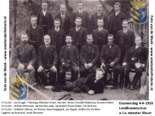 FotovandeWeek-www.amelanderhistorie.nl
FotovandeWeek-www.amelanderhistorie.nl
1e rij vlnr. : Jan Ruygh, ? Havinga, Meester Visser, Harmen Visser, Hendrik Molenaar, Douwe Dokter;
2e rij vlnr. : Willem Molenaar, Gerben Brouwer, Jacob Barf, Klaas Nobel, Cor de Boer;
3e rij vlnr. : Gribbert Dokter, Jan Tromp, Klaas Nagtegaal, Jan Engels, Willem Dr. De Boer.
Liggend op de grond: Jacob Brouwer.
Examendag 4-4-1910
Landbouwcursus
o.l.v. meester Visser
 