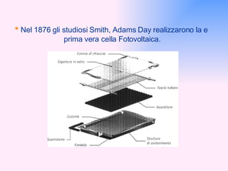 •   Nel 1876 gli studiosi Smith, Adams Day realizzarono la e  prima vera cella Fotovoltaica. 