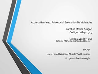 Acompañamiento Psicosocial Escenarios DeViolencias
Carolina MolinaAragón
Código 1.081910749
Grupo 442006ª_490
Tutora: María Fernanda Caballero
UNAD
Universidad Nacional AbiertaY A Distancia
Programa De Psicología
 