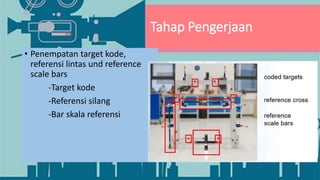 • Penempatan target kode,
referensi lintas und reference
scale bars
-Target kode
-Referensi silang
-Bar skala referensi
Tahap Pengerjaan
 