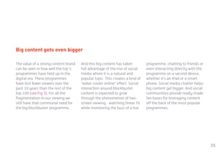 Big content gets even bigger

The value of a strong content brand   And this big content has taken          programme, chatting to friends or
can be seen in how well the top 5     full advantage of the rise of social    even interacting directly with the
programmes have held up in the        media where it is a natural and         programme on a second device,
digital era. These programmes         popular topic. This creates a kind of   whether it’s an iPad or a smart
have lost fewer viewers over the      “water-cooler online” effect. Social    phone. Social media chatter helps
past 10 years than the rest of the    interaction around blockbuster          big content get bigger. And social
top 100 (see Fig 3). For all the      content is expected to grow             communities provide ready-made
fragmentation in our viewing we       through the phenomenon of two-          fan bases for leveraging content
still have that communal need for     screen viewing - watching linear TV     off the back of the most popular
the big blockbuster programme.        while monitoring the buzz of a live     programmes.




                                                                                                                   15
 