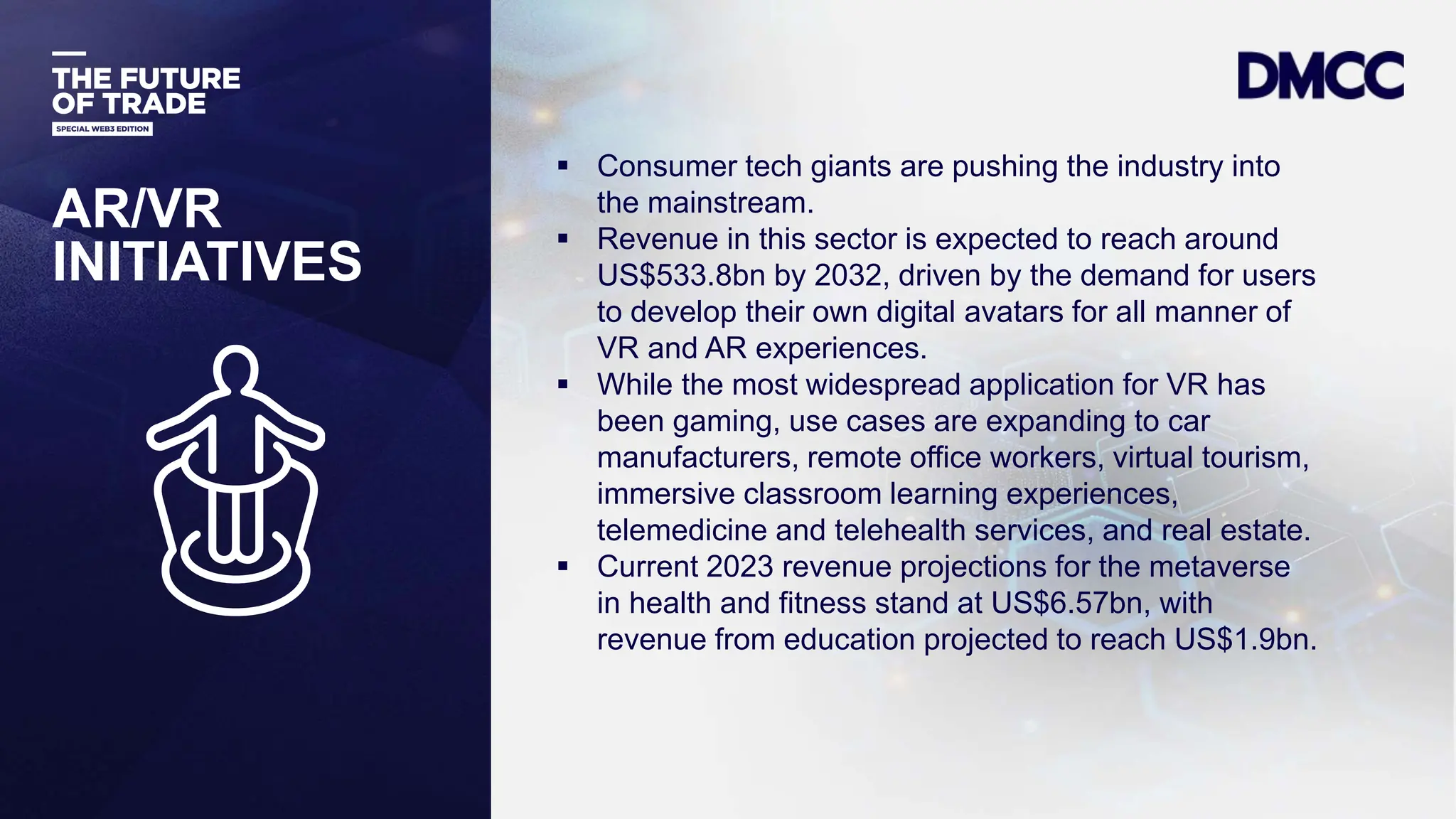 Data Classification: Sensitive
 Consumer tech giants are pushing the industry into
the mainstream.
 Revenue in this sector is expected to reach around
US$533.8bn by 2032, driven by the demand for users
to develop their own digital avatars for all manner of
VR and AR experiences.
 While the most widespread application for VR has
been gaming, use cases are expanding to car
manufacturers, remote office workers, virtual tourism,
immersive classroom learning experiences,
telemedicine and telehealth services, and real estate.
 Current 2023 revenue projections for the metaverse
in health and fitness stand at US$6.57bn, with
revenue from education projected to reach US$1.9bn.
AR/VR
INITIATIVES
 