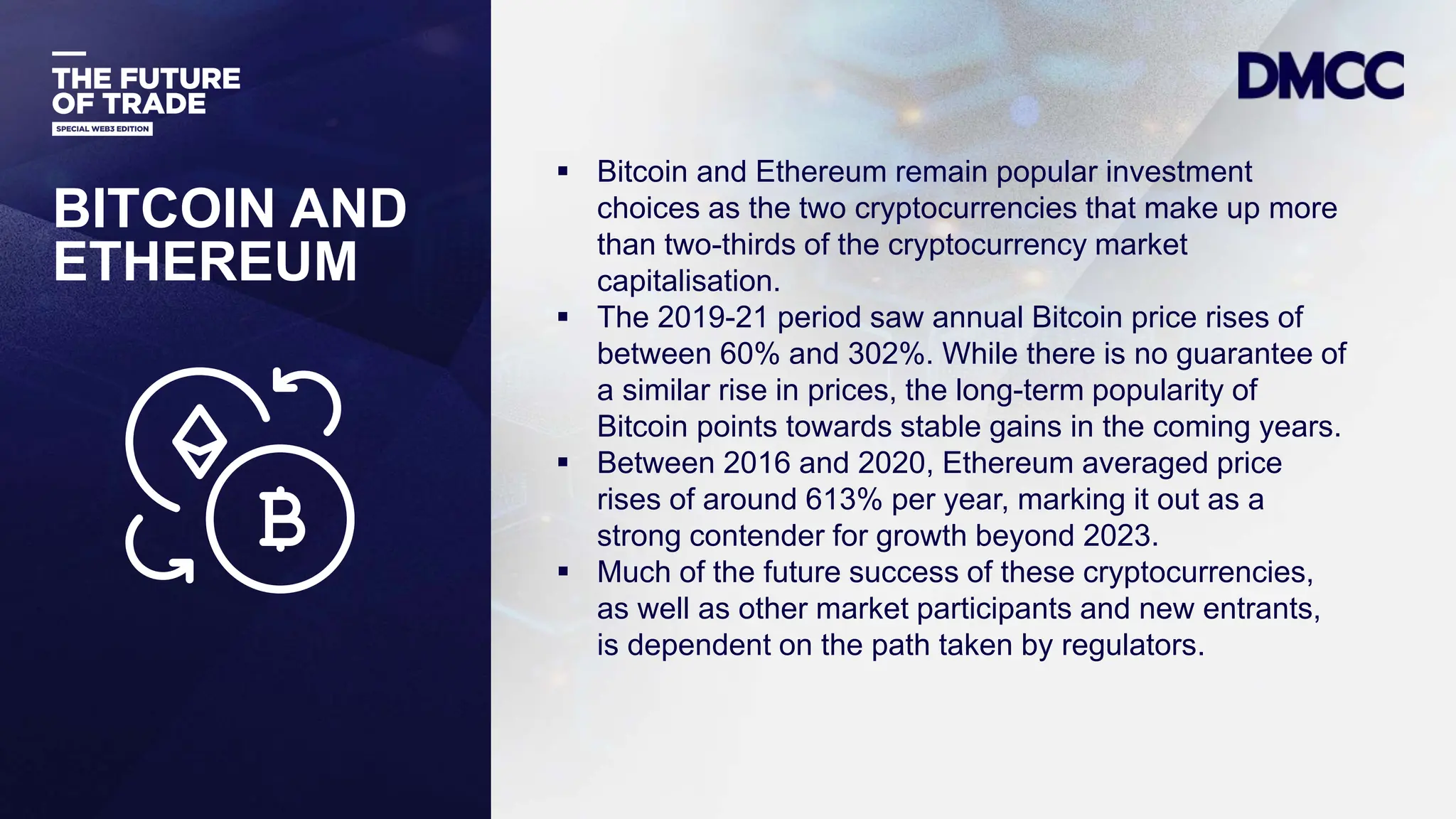Data Classification: Sensitive
BITCOIN AND
ETHEREUM
 Bitcoin and Ethereum remain popular investment
choices as the two cryptocurrencies that make up more
than two-thirds of the cryptocurrency market
capitalisation.
 The 2019-21 period saw annual Bitcoin price rises of
between 60% and 302%. While there is no guarantee of
a similar rise in prices, the long-term popularity of
Bitcoin points towards stable gains in the coming years.
 Between 2016 and 2020, Ethereum averaged price
rises of around 613% per year, marking it out as a
strong contender for growth beyond 2023.
 Much of the future success of these cryptocurrencies,
as well as other market participants and new entrants,
is dependent on the path taken by regulators.
 
