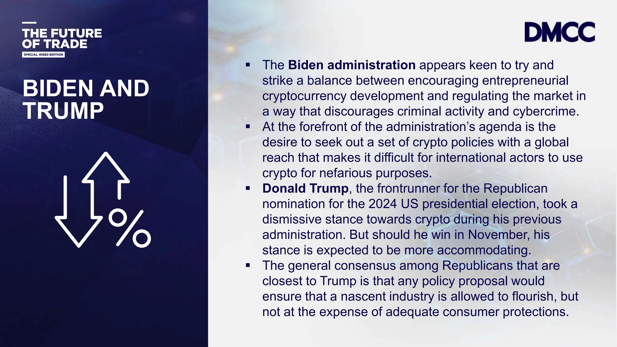 Data Classification: Sensitive
BIDEN AND
TRUMP
 The Biden administration appears keen to try and
strike a balance between encouraging entrepreneurial
cryptocurrency development and regulating the market in
a way that discourages criminal activity and cybercrime.
 At the forefront of the administration’s agenda is the
desire to seek out a set of crypto policies with a global
reach that makes it difficult for international actors to use
crypto for nefarious purposes.
 Donald Trump, the frontrunner for the Republican
nomination for the 2024 US presidential election, took a
dismissive stance towards crypto during his previous
administration. But should he win in November, his
stance is expected to be more accommodating.
 The general consensus among Republicans that are
closest to Trump is that any policy proposal would
ensure that a nascent industry is allowed to flourish, but
not at the expense of adequate consumer protections.
 