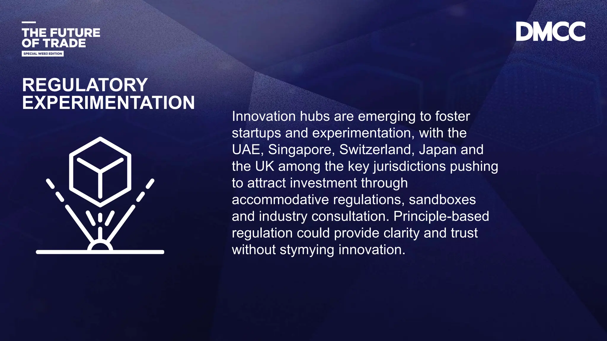 Data Classification: Sensitive
Innovation hubs are emerging to foster
startups and experimentation, with the
UAE, Singapore, Switzerland, Japan and
the UK among the key jurisdictions pushing
to attract investment through
accommodative regulations, sandboxes
and industry consultation. Principle-based
regulation could provide clarity and trust
without stymying innovation.
REGULATORY
EXPERIMENTATION
 