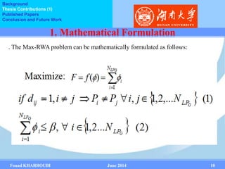 1. Mathematical Formulation
. The Max-RWA problem can be mathematically formulated as follows:
Fouad KHARROUBI June 2014 1...