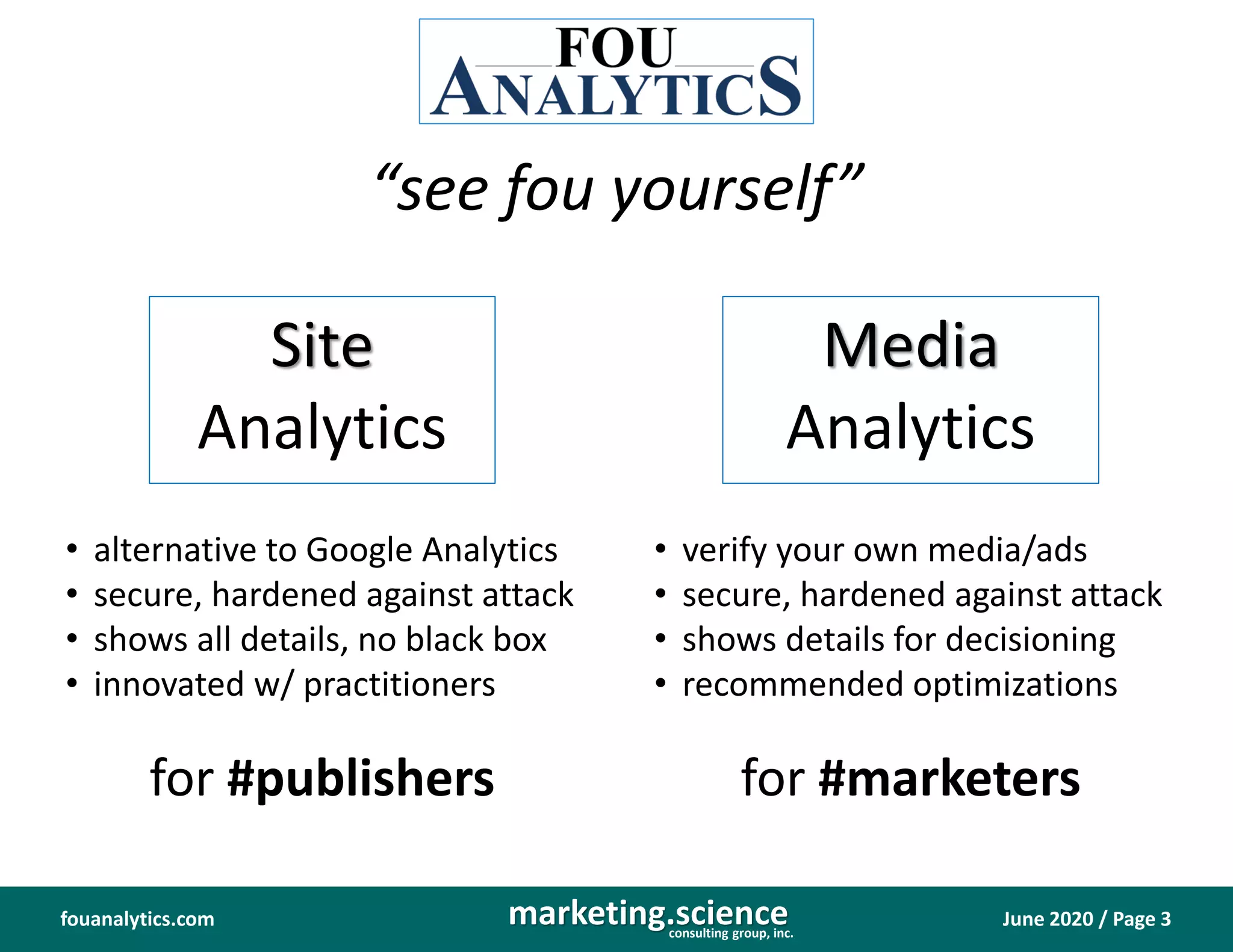 June 2020 / Page 3marketing.scienceconsulting group, inc.
fouanalytics.com
Site
Analytics
Media
Analytics
“see fou yourself”
• alternative to Google Analytics
• secure, hardened against attack
• shows all details, no black box
• innovated w/ practitioners
• verify your own media/ads
• secure, hardened against attack
• shows details for decisioning
• recommended optimizations
for #publishers for #marketers
 