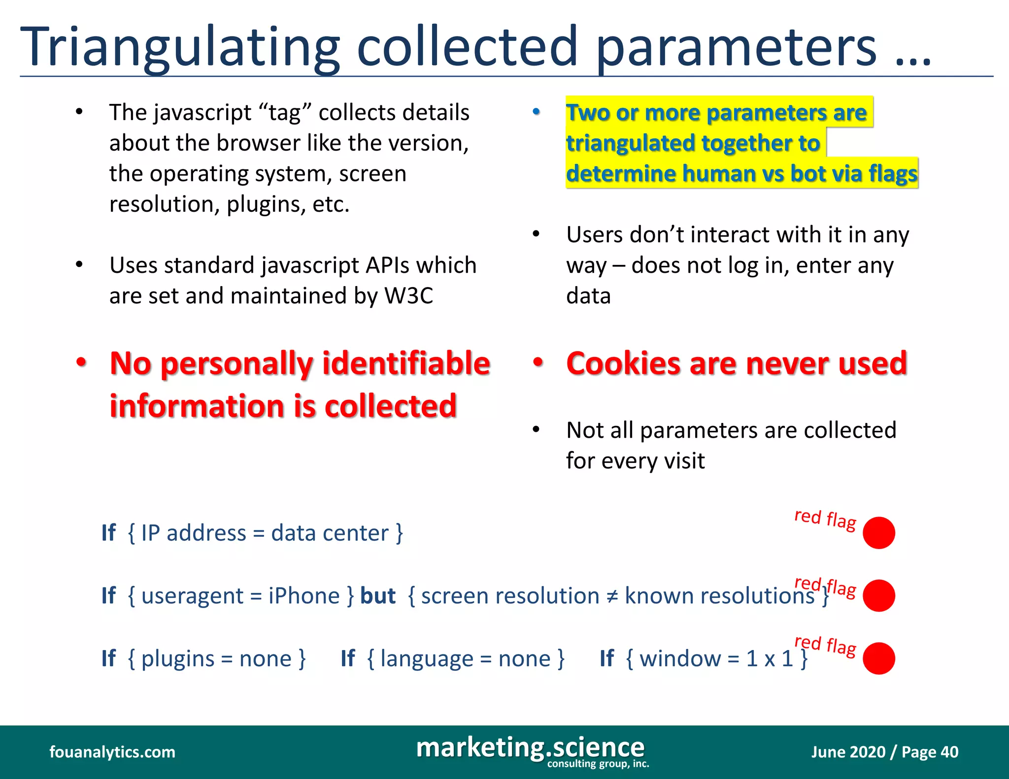 June 2020 / Page 40marketing.scienceconsulting group, inc.
fouanalytics.com
Triangulating collected parameters …
• The javascript “tag” collects details
about the browser like the version,
the operating system, screen
resolution, plugins, etc.
• Uses standard javascript APIs which
are set and maintained by W3C
• No personally identifiable
information is collected
• Two or more parameters are
triangulated together to
determine human vs bot via flags
• Users don’t interact with it in any
way – does not log in, enter any
data
• Cookies are never used
• Not all parameters are collected
for every visit
If { useragent = iPhone } but { screen resolution ≠ known resolutions }
If { IP address = data center }
If { plugins = none } If { language = none } If { window = 1 x 1 }
 