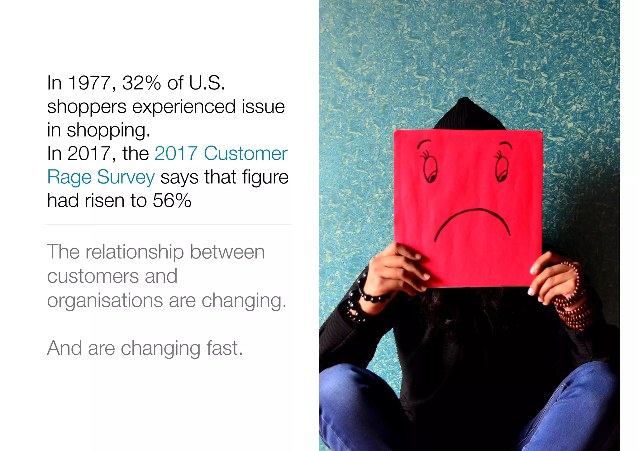 In 1977, 32% of U.S.
shoppers experienced issue
in shopping.
In 2017, the 2017 Customer
Rage Survey says that ﬁgure
had risen to 56%
The relationship between
customers and
organisations are changing.
And are changing fast.
 