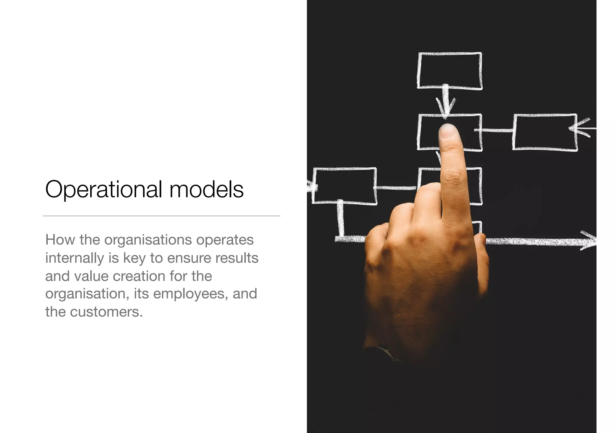 Operational models
How the organisations operates
internally is key to ensure results
and value creation for the
organisation, its employees, and
the customers.
 
