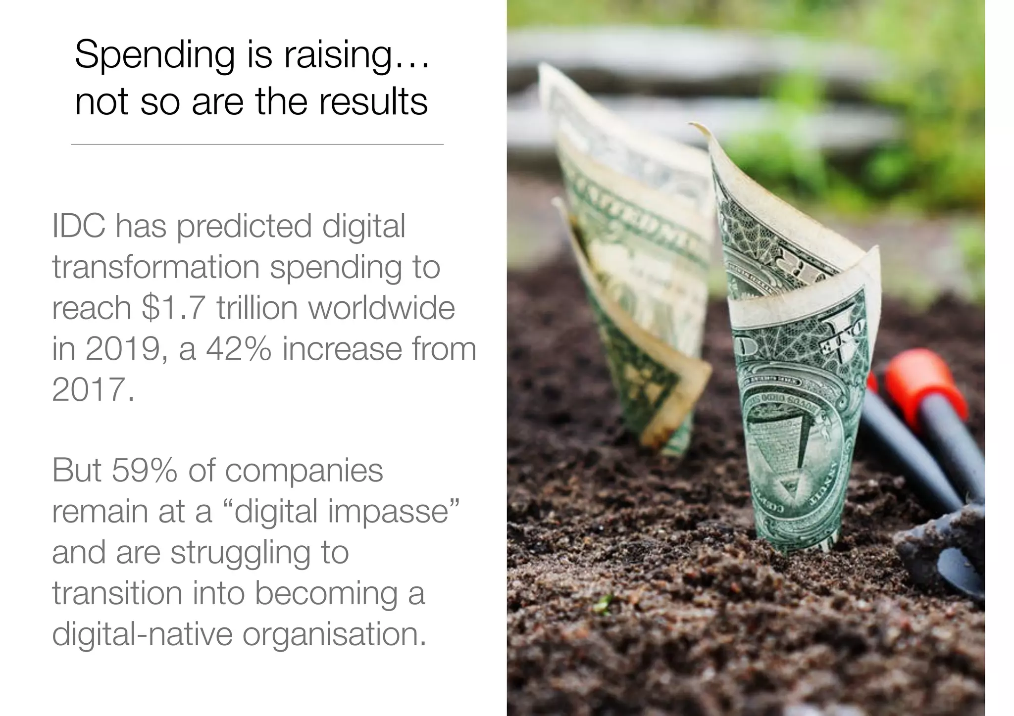 Spending is raising…
not so are the results
IDC has predicted digital
transformation spending to
reach $1.7 trillion worldwide
in 2019, a 42% increase from
2017.
But 59% of companies
remain at a “digital impasse”
and are struggling to
transition into becoming a
digital-native organisation.
 