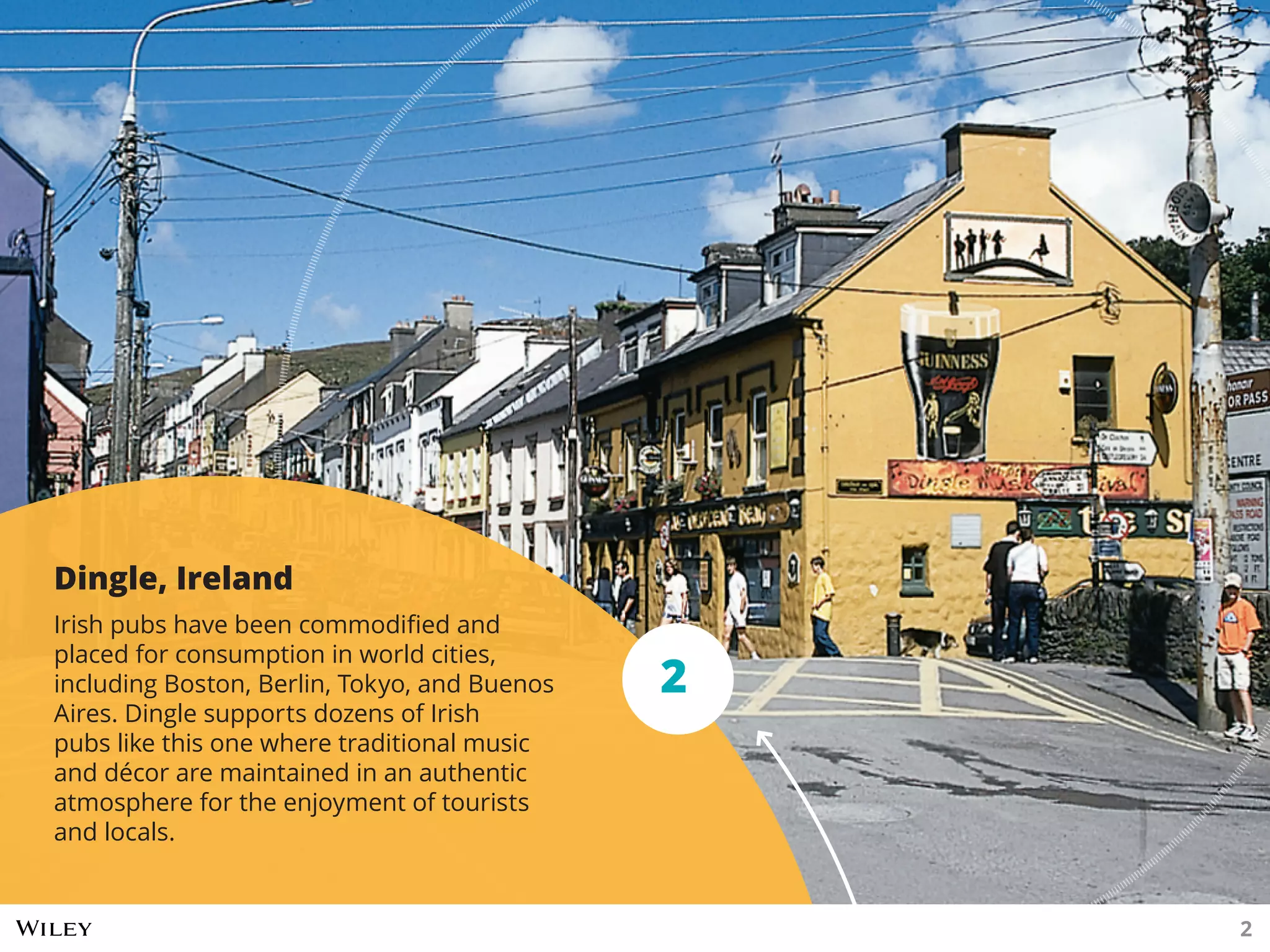 Dingle, Ireland
Irish pubs have been commodified and
placed for consumption in world cities,
including Boston, Berlin, Tokyo, and Buenos
Aires. Dingle supports dozens of Irish
pubs like this one where traditional music
and décor are maintained in an authentic
atmosphere for the enjoyment of tourists
and locals.
2
2
 