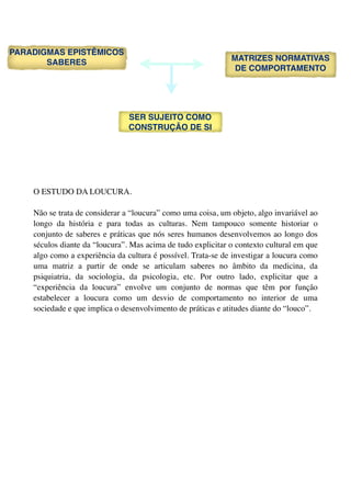 PARADIGMAS EPISTÊMICOS
                                                              MATRIZES NORMATIVAS
       SABERES
                                                               DE COMPORTAMENTO




                                SER SUJEITO COMO
                                CONSTRUÇÃO DE SI




    O ESTUDO DA LOUCURA.

    Não se trata de considerar a “loucura” como uma coisa, um objeto, algo invariável ao
    longo da história e para todas as culturas. Nem tampouco somente historiar o
    conjunto de saberes e práticas que nós seres humanos desenvolvemos ao longo dos
    séculos diante da “loucura”. Mas acima de tudo explicitar o contexto cultural em que
    algo como a experiência da cultura é possível. Trata-se de investigar a loucura como
    uma matriz a partir de onde se articulam saberes no âmbito da medicina, da
    psiquiatria, da sociologia, da psicologia, etc. Por outro lado, explicitar que a
    “experiência da loucura” envolve um conjunto de normas que têm por função
    estabelecer a loucura como um desvio de comportamento no interior de uma
    sociedade e que implica o desenvolvimento de práticas e atitudes diante do “louco”.
 