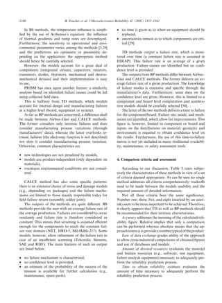 In BS methods, the temperature inﬂuence is simpli-
ﬁed by the use of Arrhenius’s equation: the inﬂuence
of thermal gradients and ramp rates are downplayed.
Furthermore, the sensitivity to operational and envi-
ronmental parameters varies among the methods [5,29]
and the predictions are optimistic or pessimistic de-
pending on the application: the appropriate method
should hence be carefully selected.
However, the models account for a great deal of
components (integrated circuits, capacitors, resistors,
transistors, diodes, thyristors, mechanical and electro-
mechanical devices) and their implementation is easy
to use.
PRISM has once again another feature: a similarity
analysis based on identiﬁed failure causes could be led
using collected ﬁeld data.
This is halfway from TD methods, which models
account for internal design and manufacturing failures
at a higher level (board, equipment or system).
As far as BP methods are concerned, a diﬀerence shall
be made between Airbus–Giat and CALCE methods.
The former considers only intrinsic failures and does
consider manufacturing process variations (through
manufacturers’ data), whereas the latter overlooks in-
trinsic failures (the electronic function is not described)
nor does it consider manufacturing process variation.
Otherwise, common characteristics are
• new technologies are not penalized by models,
• models are product-independent (only dependent on
materials),
• overstress environmental conditions are not consid-
ered.
CALCE method has also some speciﬁc patterns:
there is an extensive choice of stress and damage models
(e.g., depending on packages) and the failure mecha-
nisms are limited to those mainly responsible today for
ﬁeld failure return (assembly solder joint).
The outputs of the methods are quite diﬀerent. BS
methods provide the user with an average failure rate of
the average production. Failures are considered to occur
randomly and failure rate is therefore considered as
constant. This means that screening is assumed eﬃcient
enough for the components to reach the constant fail-
ure rate domain (NTT, HRD-5, Mil-Hdbk-217). Some
models, however, allow reﬁnement of the failure rate in
case of an insuﬃcient screening (Telcordia, Siemens,
SAE and RDF). The main features of such an output
are listed below:
• no failure mechanism is characterized,
• no conﬁdence level is provided,
• an estimate of the probability of the success of the
mission is available for further calculation (e.g.,
maintenance, spare parts),
• no time is given as to when an equipment should be
replaced,
• uncertainties remain as to which components are crit-
ical [29].
TD methods output a failure rate, which is moni-
tored over time (a constant failure rate is assumed in
HIRAP). This failure rate is an average of a given
production. Failure causes are identiﬁed but no conﬁ-
dence level is provided.
The outputs from BP methods diﬀer between Airbus–
Giat and CALCE methods. The former delivers an av-
erage failure rate of a given production. The knowledge
of failure modes is extensive and speciﬁc through the
manufacturer’s data. Furthermore, some data on the
conﬁdence level are given. However, this is limited to a
component and board level computation and accelera-
tion models should be carefully selected [30].
The latter of the two methods delivers a time to failure
for the component/board. Failure site, mode, and mech-
anism are identiﬁed, which allow for improvements. This
ﬁgure is, however, limited to component or board and
inputs on the distributions on material, geometry and
environment is required to obtain conﬁdence level on
the results. Furthermore, the use of this time-to-failure
metric is not yet included in many traditional availabil-
ity, maintenance, or safety assessment tools.
4. Comparison criteria and assessment
According to our discussion, Table 5 rates subjec-
tively the characteristics of these methods in view of a set
of criteria deemed appropriate. As can be seen no single
method addresses all criteria comprehensively: tradeoﬀs
need to be made between the models usability and the
required amount of detailed information.
Not all these criteria bear the same signiﬁcance.
Number one, three, ﬁve, and eight (marked by an aster-
isk) seem to be more important to be achieved. Therefore,
it clearly appears that TD as well as BP methods should
be recommended for their intrinsic characteristics.
Accuracy addresses the meaning of the calculated reli-
ability ﬁgure. Relative implies that only a comparison
can be performed whereas absolute means that the ap-
proachintentistoprovideanumbertypicaloftheproduct.
Ease of data exchange grades ability of the approach
to allow cross-industrial comparisons of obtained ﬁgures
and use of databases and models.
Amount of devoted resources evaluates the material
and human resources (e.g., software, test equipment,
failure analysis equipment) necessary to adequately per-
form the reliability prediction process.
Time to obtain reliability estimate evaluates the
amount of time necessary to adequately perform the
reliability prediction process.
1160 B. Foucher et al. / Microelectronics Reliability 42 (2002) 1155–1162
 