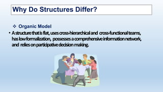 Why Do Structures Differ?
• Astructurethatisflat,usescross-hierarchicaland cross-functionalteams,
haslowformalization, possessesacomprehensiveinformationnetwork,
and reliesonparticipativedecisionmaking.
 Organic Model
 