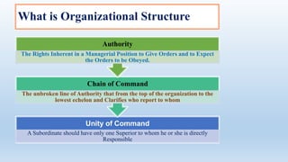 What is Organizational Structure
Unity of Command
A Subordinate should have only one Superior to whom he or she is directly
Responsible
Chain of Command
The unbroken line of Authority that from the top of the organization to the
lowest echelon and Clarifies who report to whom
Authority
The Rights Inherent in a Managerial Position to Give Orders and to Expect
the Orders to be Obeyed.
 