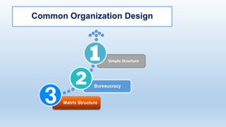 Common Organization Design
Matrix Structure
Bureaucracy
Simple Structure
 