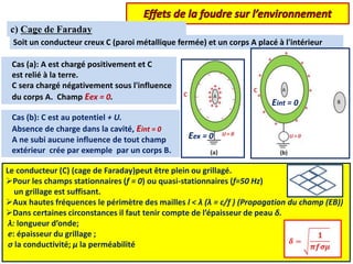 Le conducteur (C) (cage de Faraday)peut être plein ou grillagé.
Pour les champs stationnaires (f = 0) ou quasi-stationnaires (f=50 Hz)
un grillage est suffisant.
Aux hautes fréquences le périmètre des mailles l < λ (λ = c/f ) (Propagation du champ (EB))
Dans certaines circonstances il faut tenir compte de l’épaisseur de peau δ.
λ: longueur d’onde;
e: épaisseur du grillage ;
σ la conductivité; μ la perméabilité
c) Cage de Faraday
Soit un conducteur creux C (paroi métallique fermée) et un corps A placé à l'intérieur
Cas (a): A est chargé positivement et C
est relié à la terre.
C sera chargé négativement sous l'influence
du corps A. Champ Eex = 0.
Cas (b): C est au potentiel + U.
Absence de charge dans la cavité, Eint = 0
A ne subi aucune influence de tout champ
extérieur crée par exemple par un corps B.
Eex = 0
Eint = 0
 