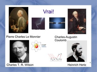 6
Vrai!
Charles T. R. Wilson
Charles-Augustin
Coulomb
Heinrich Hertz
Pierre Charles Le Monnier
 