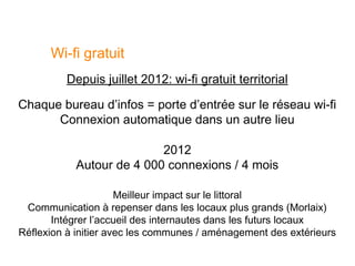 Wi-fi gratuit
          Depuis juillet 2012: wi-fi gratuit territorial

Chaque bureau d’infos = porte d’entrée sur le réseau wi-fi
      Connexion automatique dans un autre lieu

                          2012
           Autour de 4 000 connexions / 4 mois

                      Meilleur impact sur le littoral
 Communication à repenser dans les locaux plus grands (Morlaix)
       Intégrer l’accueil des internautes dans les futurs locaux
Réflexion à initier avec les communes / aménagement des extérieurs
 