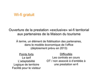 Wi-fi gratuit


Ouverture de la prestation «exclusive» wi-fi territorial
    aux partenaires de la Maison du tourisme

     À terme, un élément de fidélisation des partenaires,
           dans le modèle économique de l’office
                (déploiement prévu en 2013)

        Points forts                    Difficultés
           Le tarif               Les contrats en cours
       L’adaptabilité         OT / non associé à d’emblée à
   Logique de territoire            une prestation wi-fi
  Facilité pour le visiteur
 