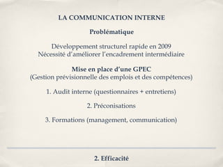 LA COMMUNICATION INTERNE

                    Problématique

      Développement structurel rapide en 2009
  Nécessité d’améliorer l’encadrement intermédiaire

              Mise en place d’une GPEC
(Gestion prévisionnelle des emplois et des compétences)

     1. Audit interne (questionnaires + entretiens)

                   2. Préconisations

     3. Formations (management, communication)




                      2. Efficacité
 
