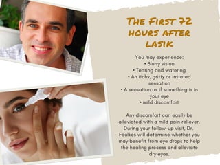The First 72
hours after
lasik
You may experience:
• Blurry vision
• Tearing and watering
• An itchy, gritty or irritated
sensation
• A sensation as if something is in
your eye
• Mild discomfort
Any discomfort can easily be
alleviated with a mild pain reliever.
During your follow-up visit, Dr.
Foulkes will determine whether you
may benefit from eye drops to help
the healing process and alleviate
dry eyes.
 
