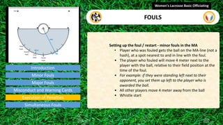 Introduction
Setting up the foul / restart - minor fouls in the MA
• Player who was fouled gets the ball on the MA-line (not a
hash), at a spot nearest to and in line with the foul.
• The player who fouled will move 4 meter next to the
player with the ball, relative to their field position at the
time of the foul.
• For example: if they were standing left next to their
opponent, you set them up left to the player who is
awarded the ball.
• All other players move 4 meter away from the ball
• Whistle start
Women's Lacrosse Basic Officiating
FOULS
video
Minor Fouls
Major Fouls
Misconduct and Warning Cards
Execution of Penalties
Simultaneous Fouls
 