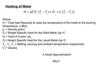 [ )]()( 0 mplfms
TTCHTTCVH −++−= ρ
Where
H = Total heat Required to raise the temperature of the metal to the pouring
temperature, J (Btu)
ρ = Density g/cm3
Cs= Weight Specific Heat for the Solid Metal J/g-o
C
Hf = Heat of Fusion J/g
Cl= Weight Specific Heat for the Liquid Metal J/g-o
C
Tm, Tp, To = Melting, pouring and ambient temperature respectively
V = Volume
A Good Approximation!
Why?
Heating of Metal
 