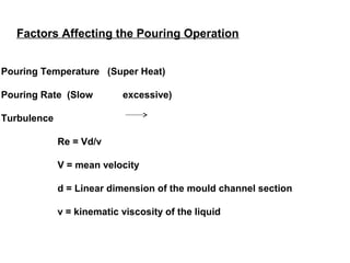 Factors Affecting the Pouring Operation
Pouring Temperature (Super Heat)
Pouring Rate (Slow excessive)
Turbulence
Re = Vd/v
V = mean velocity
d = Linear dimension of the mould channel section
v = kinematic viscosity of the liquid
 