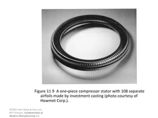 ©2007 John Wiley & Sons, Inc.
M P Groover, Fundamentals of
Modern Manufacturing 3/e
Investment Casting
Figure 11 9 A one piece compressor stator with 108 separate‑
airfoils made by investment casting (photo courtesy of
Howmet Corp.).
 