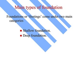 Main types of foundation
Foundations or ‘footings’ come under two main
categories
 Shallow foundation.
 Deep foundation.
 